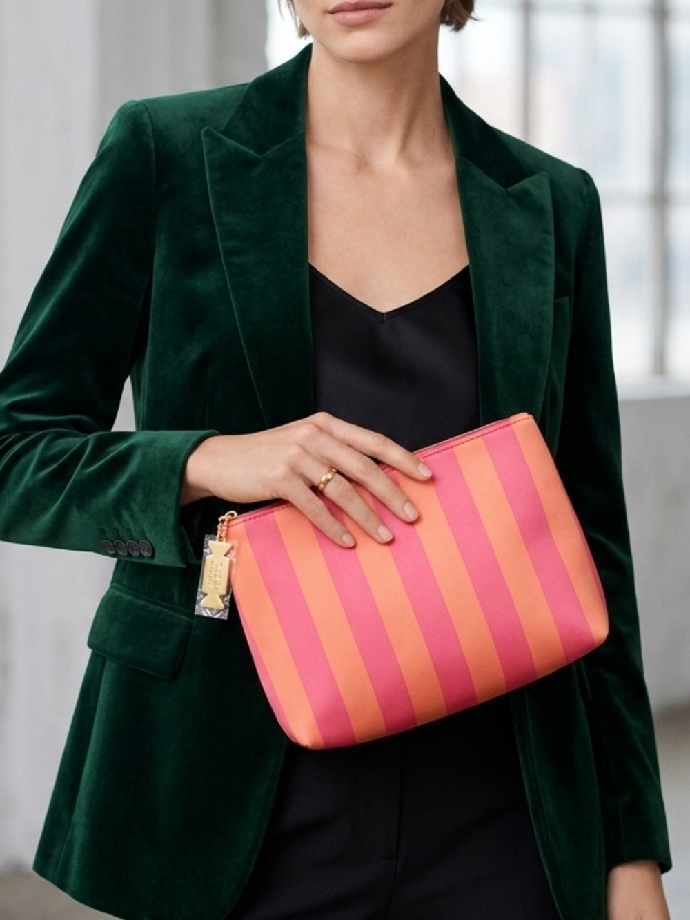 ESTEE LAUDER Pink Coral Striped Satin Pouch with Gold Hardware